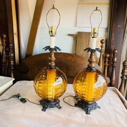 Pair Vintage Mid Century Retro Amber Glass Table Lamps W/ No Shade