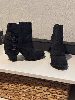 Black Suede Heeled Ankle Boots with Buckles