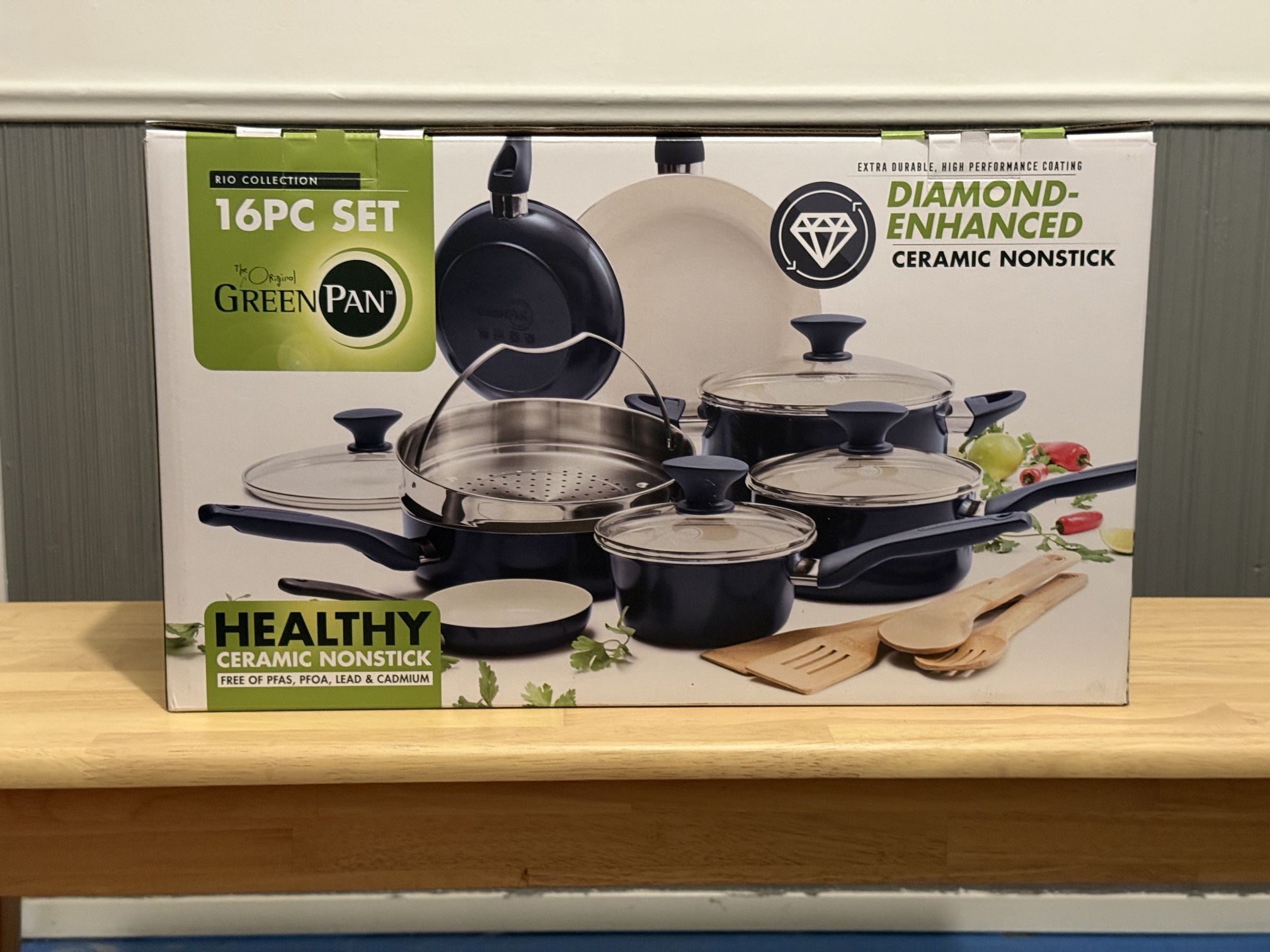 GreenPan Rio 16 Piece Cookware Set, PFOA and PFAS-Free, Healthy Ceramic Nonstick, Dishwasher Safe Easy Clean Durable Performance, Blue