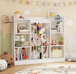 Toy Storage Organizer with Stuffed Animal Storage, Wooden Toy Shelf with 6 Cubbies, Plush Toy Organizers and Storage, Kids Bookshelf for Playroom, Nur