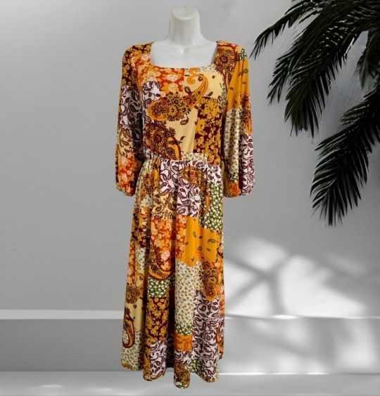 Harlow & Rose Elegant Yellow and Brown Long Sleeve Dress xl