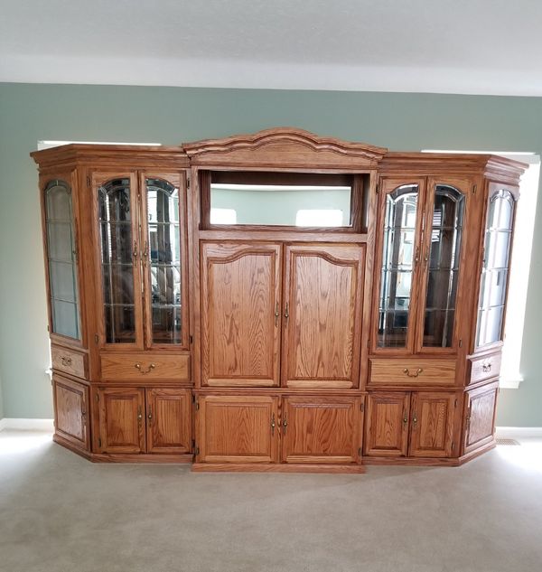 Amish Made Solid Oak Entertainment Center with Glass / Mirrored Curio that Light Up