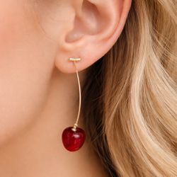 Red Cherry Dangle Drop Earrings with Gold-Tone Stems Glossy Fruit Drop Earrings