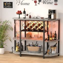 Light Oak Grey Wine Rack Cabinet With Charging Station & LED Lights, 4-tier Wine Rack Table