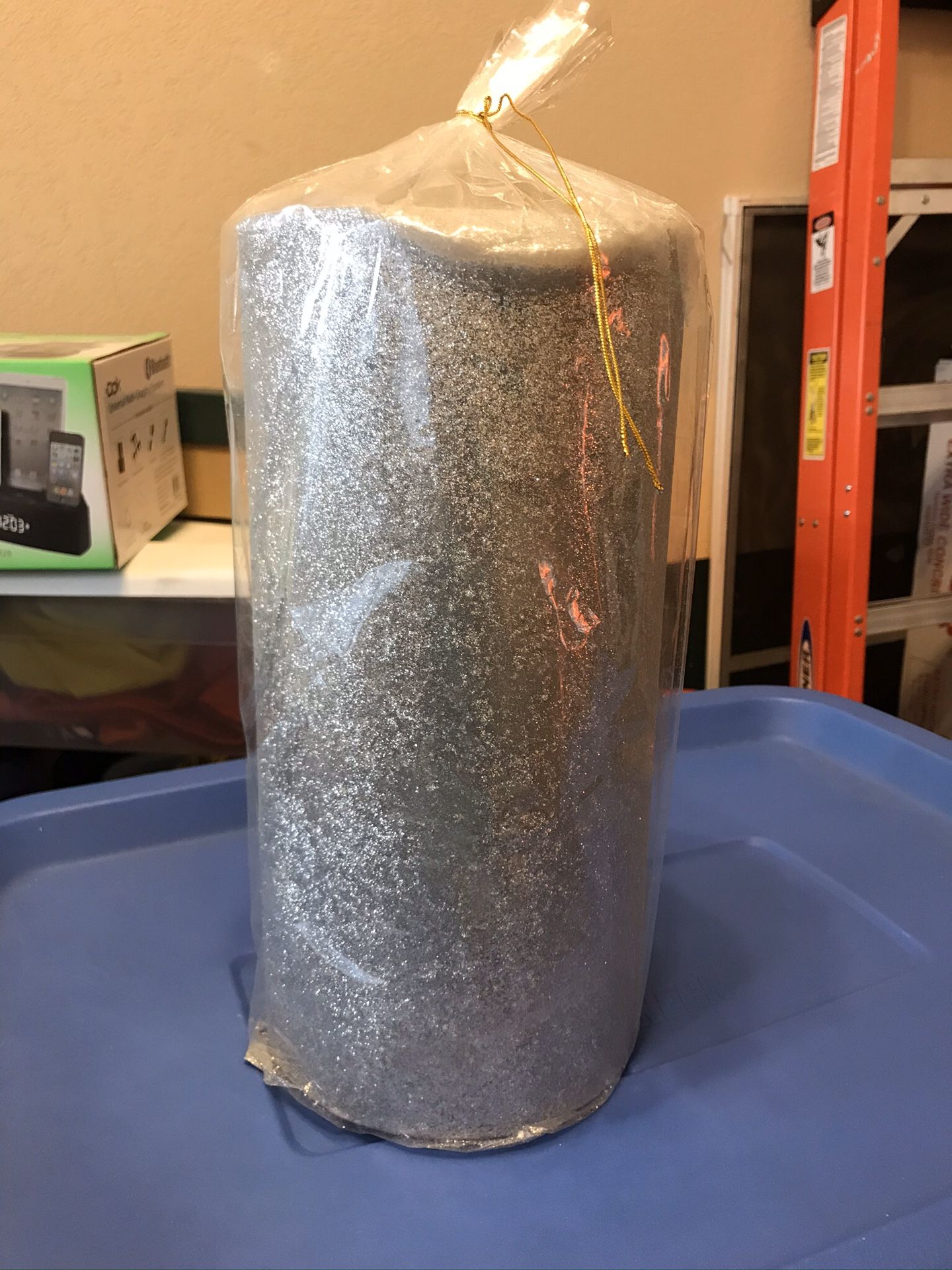 Large silver glitter pillar candle wedding decoration