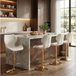 Velvet White Bar Stools Set of 2 Swivel Barstools Counter Height Bar Chairs with Back/Gold Base Modern Adjustable Stool Chair for Kitchen Island
