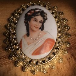 Limoges Gold Tone Vintage Limoges France Porcelain Cameo Pin