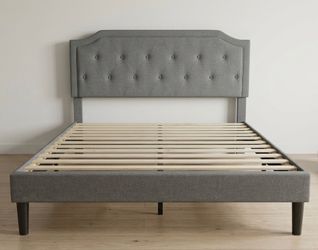 Grey Upholstered Queen Platform Bed Frame