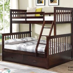 Brand New Box Espresso Color Twin Full Bunk Bed Including Storage Drawers. Mattress Available Separately