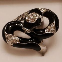 Black Enamel And Rhinestone Snake Ring. Size 7.