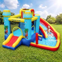 Inflatable Water Slide Bounce House for Kids 3+, Outdoor Water Park Bounce Castle with Blower, Splash Pool, Climbing Wall, Jumping Area  Exciting Play