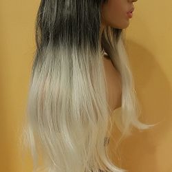 Long Black with Blonde Straight Wig