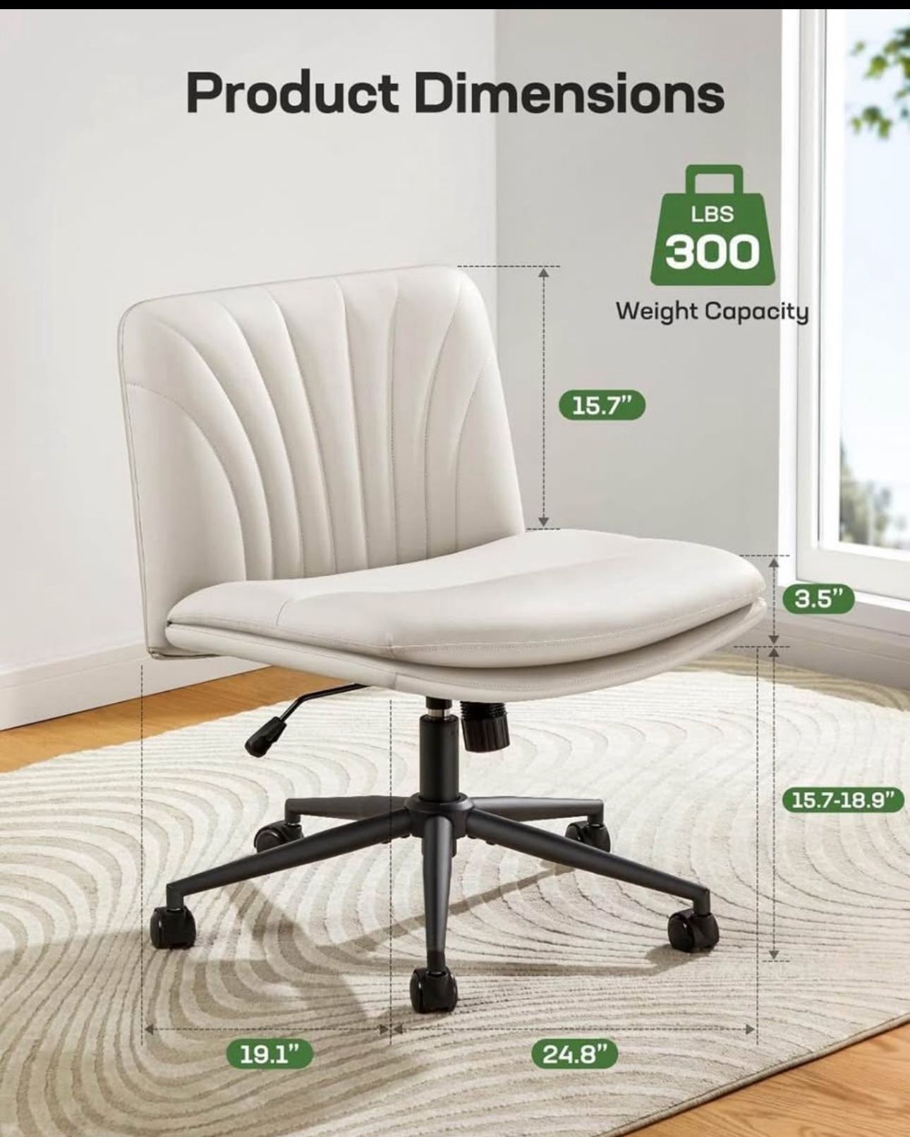 Office Desk Chair with Wheels: PU Leather Cross Legged Wide Chair,Comfortable Adjustable Swivel Computer Task Chairs for Home,Office,Make Up,Small Spa