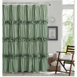 Light Green Ruffle Shower Curtain, Vintage Handcrafted Bow Tie Bath Curtain for Master Bathroom, Ruched Microfiber Bathroom Curtain with 12 Buttonhole