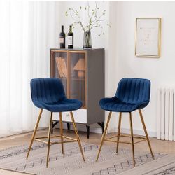 Sidanli 24 Inch Bar Stools, Gold Bar Stools Set of 2, Blue Velvet Counter Height Stools

