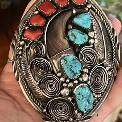 Vintage DAVEY MORGAN Sterling Silver Turquoise, Coral, Bear Claw, Large Belt Buckle 