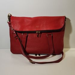 Fossil Preston Red Leather Tote Bag Fold Over Design, Expandable Med-Large Handbag Messenger Bag