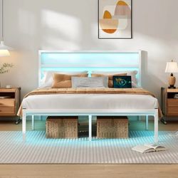 CLIBFENG QueenSize Bed Frame with Headboard,Heavy Duty Steel Slats Support-LED Bed Frame with USB Charging Station,Mattress Foundation-Under Bed Stora