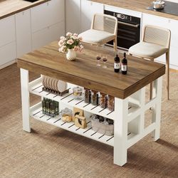 Tribesigns Kitchen Island with Storage Shelves, Farmhouse Wooden Stationary Island Table for Kitchen Dining Room