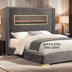 MODERN BED FRAME WITH FIREPLACE DISPLAY