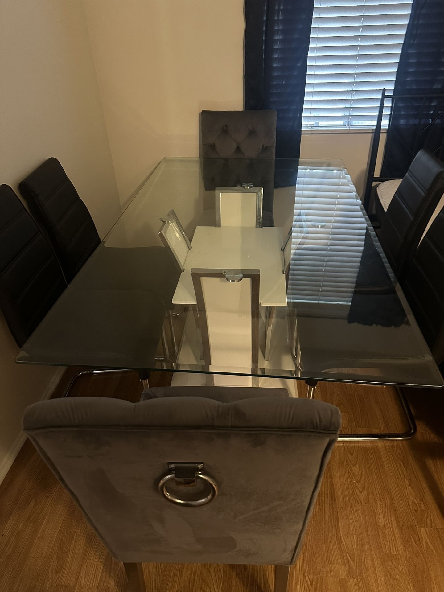 Glass Dining Table + 6 Gray Chairs