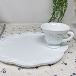 Vintage Indiana Milk Glass Grape Pattern Cup & Plate Set – 2-Piece(16 sets available) 