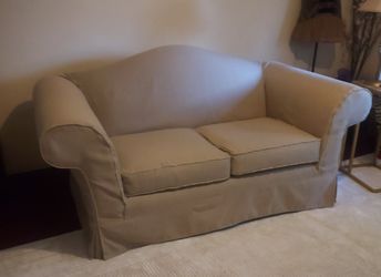 Beige Slipcovered Two-Seat Loveseat Sofa 70"