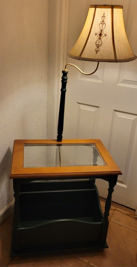 Solid Wood End Table With Attached Lamp