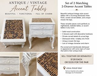 Vintage 2-Drawer Accent Tables with Mosaic Tops