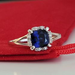 ❤️ 14k Size 7, Solid White Gold Cushion-cut lab Created Blue Sapphire and Genuine Diamonds Ring – Anillo de oro