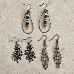 3 pretty pair of metal beaded, floral & filigree earrings - all for $12