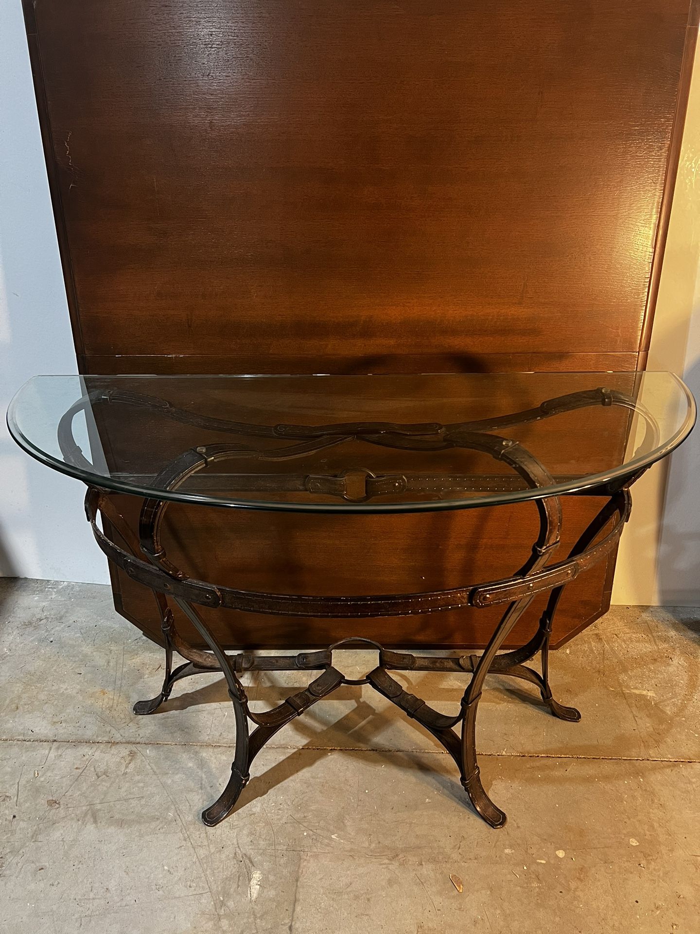 demi lune table cast metal base faux leather