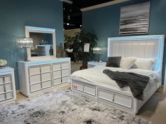 Brand New Upholstered Queen Bed/Bedroom set with storage drawers, LED light, & rhinestones