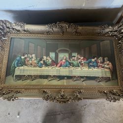 Vintage Last Supper Lithograph Religious With Golden Decorative Frame, 36"×21"