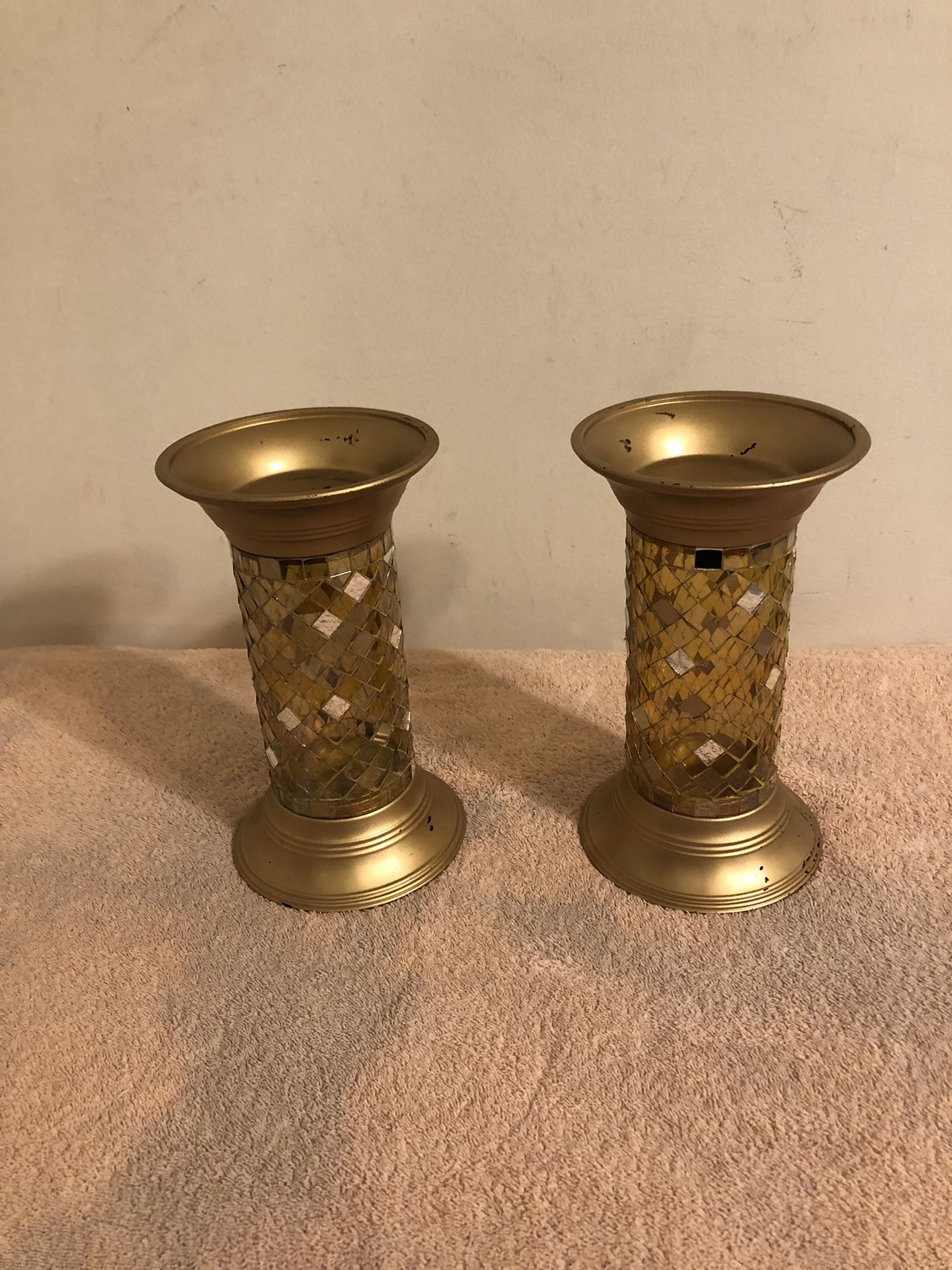 Partylite Gold Mosaic Column Candle Holder Pair 9”