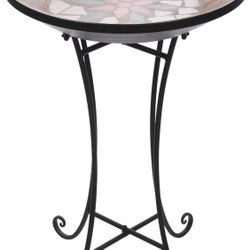 Alpine Corporation JFH920 Alpine 25" H Outdoor Decorative Mosaic Metal Stand, Tan/Beige Birdbath, Orange