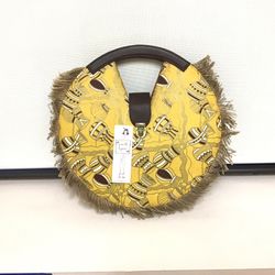 Nanette LaPore Marigold Cushioned Fabric Brown Leather Large Round Clutch Bag