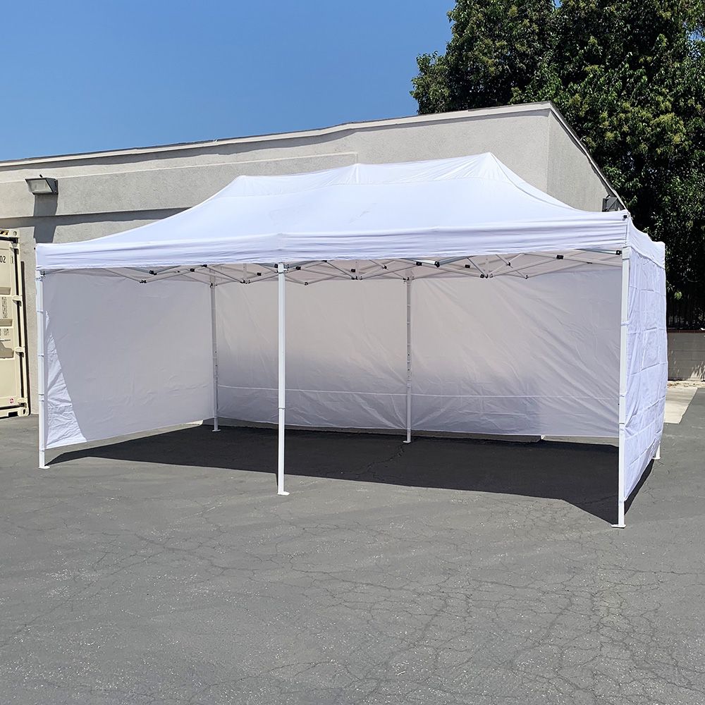 $205 (New) Heavy duty 10x20 ft canopy (with 4 sidewalls) ez pop up outdoor party tent w/ carry bag (white/blue) 