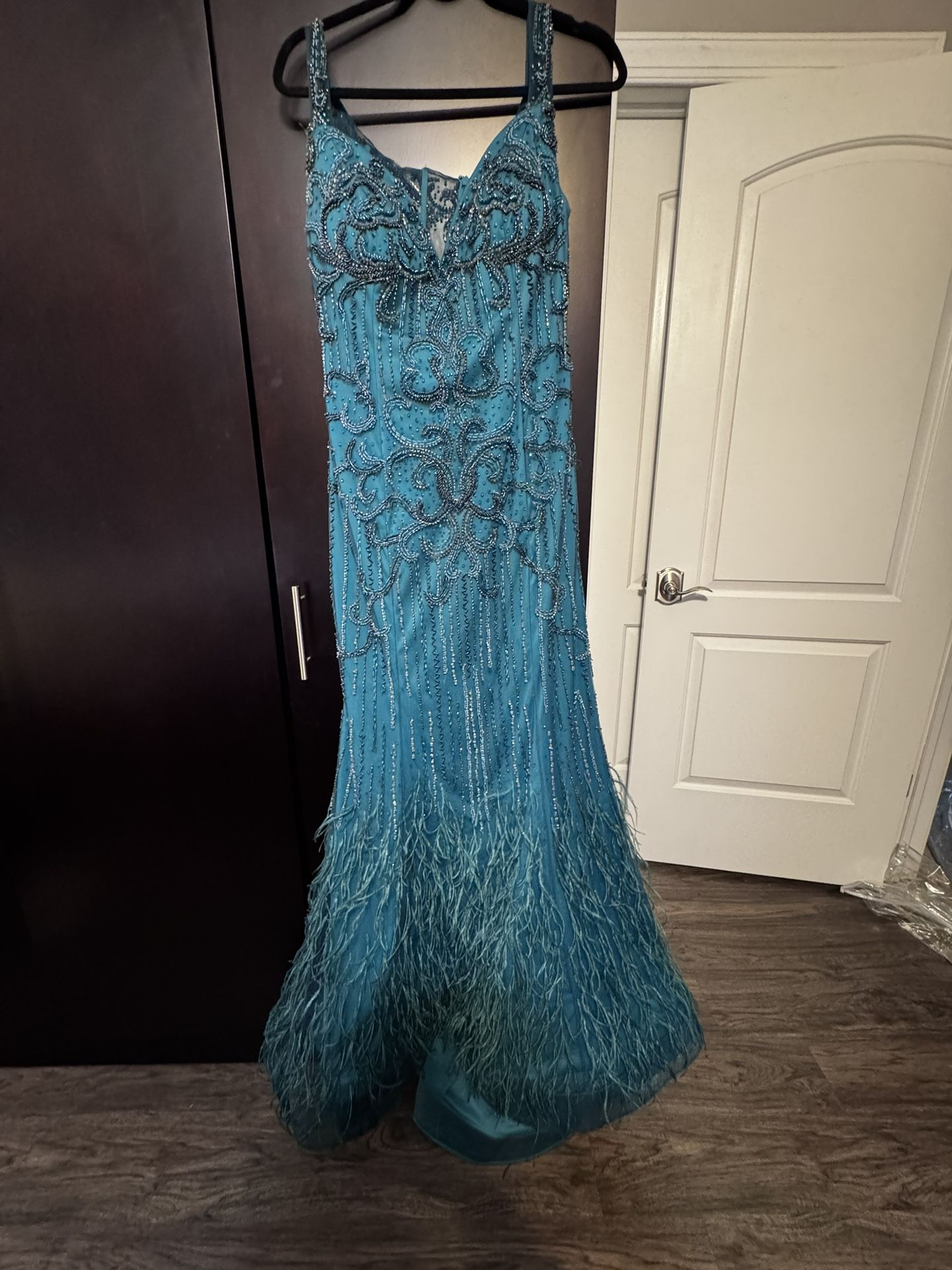 Teal Green Beaded Terani Couture Gown With Feathers