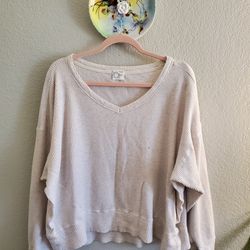 Aerie Offline L oversized pullover sweater features a cozy waffle knit texture with a V-neckline