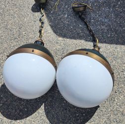 Pair of Globe Pendant Lights with Brass Ring