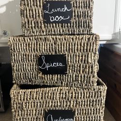 Set of 3 Natural Seagrass Woven Storage Baskets with Chalkboard Labels For Organization 