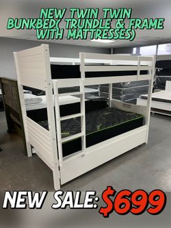NEW TWIN TWIN BUNKBED (FRAME & TRUNDLE WITH MATTRESSES)