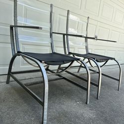 UNIQUE AND MODERN SET OF 2 GENUINE LEATHER METAL & TRANSPARENT BACK OUTDOOR CHAIRS!