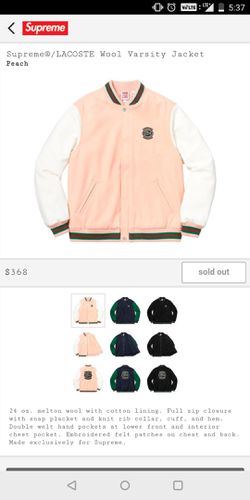 Supreme Lacoste Wool Varsity Jacket Peach Size XL for Sale in Anaheim, - OfferUp