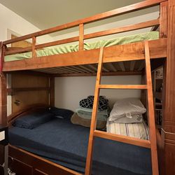 Solid Wood Twin Storage Bunk Bed Including Ladder and Mattresses
