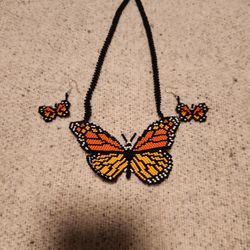Monarch Butterflies Huichol necklace and earring set