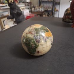 World Globe Inlaid Gemstone Paperweight Hand Cut Green Jade, Lilac Lepidolite, Red Stone, Marble & Abalone Shell & Opalite Oceans & Gold Lat/Lon Lines