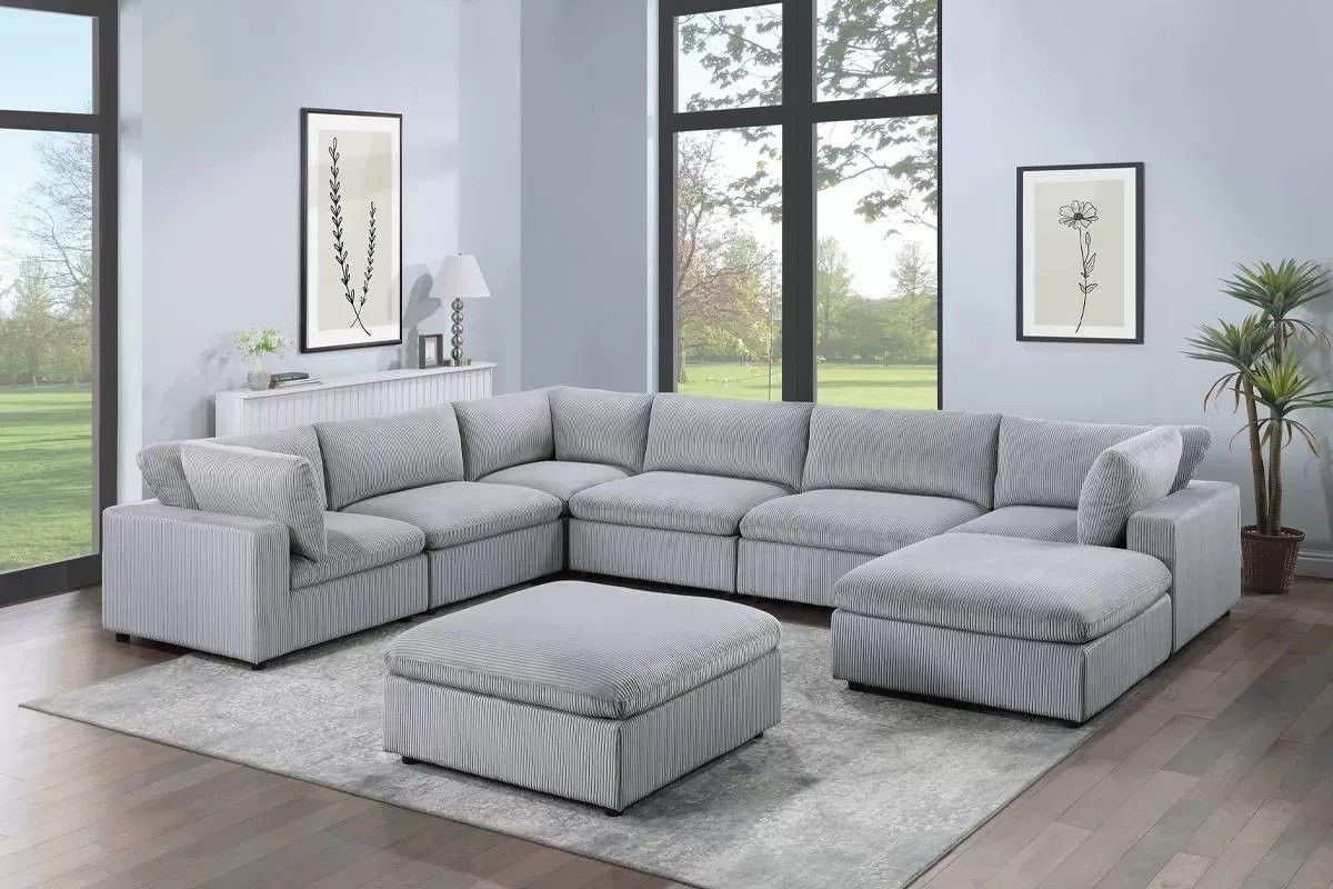 Brand New Light Grey Corduroy Plush Modular Sectional Sofa w Ottoman