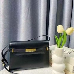 Metal hardware magnetic clip closure design cowhide leather shoulder crossbody bag medium size women's black